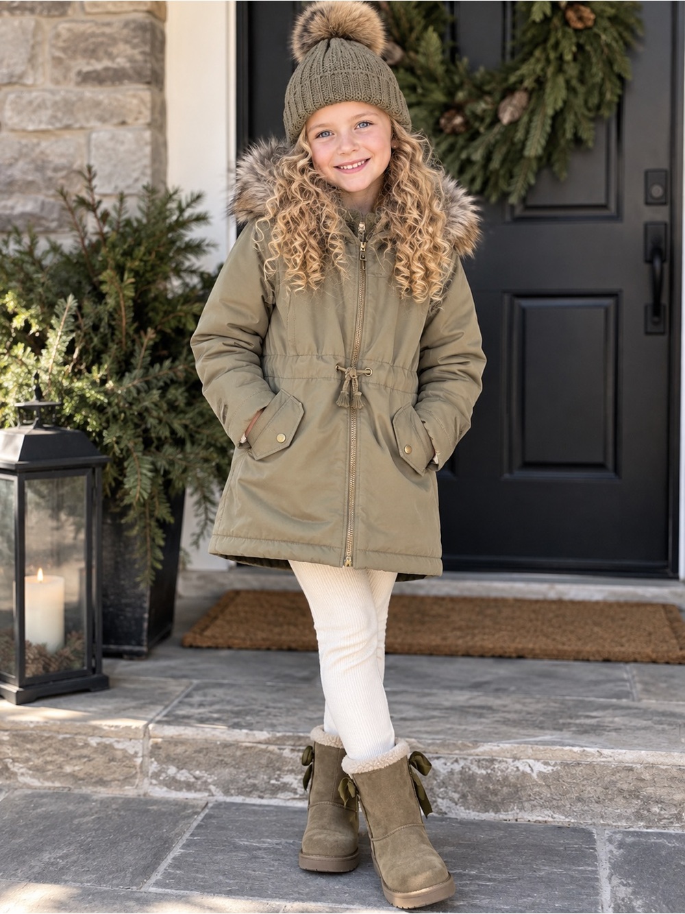 H&M Olive Green Kids Puffer Coat with Faux Fur Trim ~ size 8-9